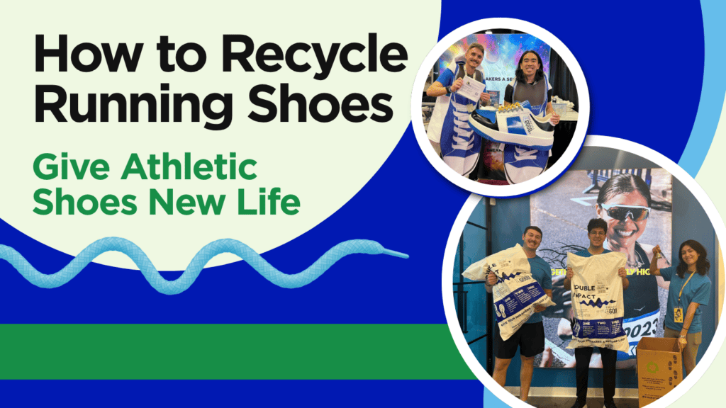 Shoe drive partner photos and the text how to recycle running shoes.
