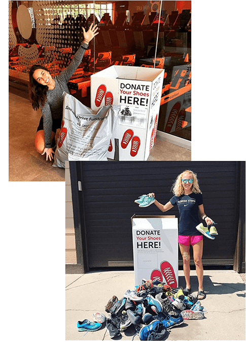 Women putting shoes in collection boxes for Sneakers 4 Good.