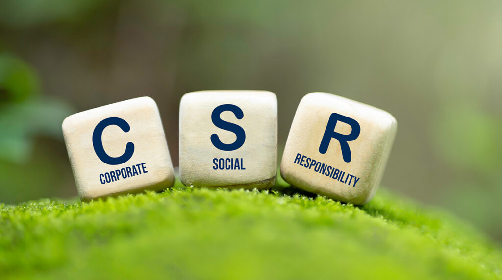 Three blocks labelled C - corporate, S - social, and R - responsibility lined up on a green, mossy surface.