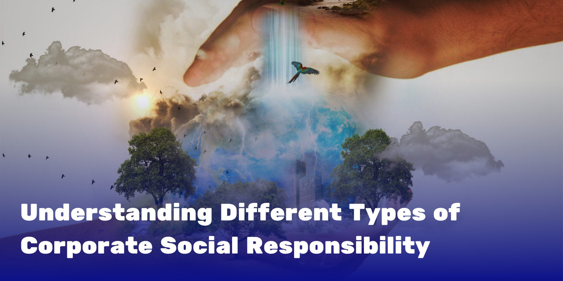 A hand cradling a glowing Earth with trees and a bird, representing the four types of CSR including environmental and philanthropic responsibility.