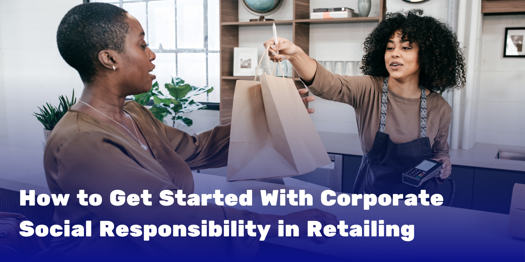 A retail employee handing a shopping bag to a customer, illustrating ethical retailing and community engagement in action.
